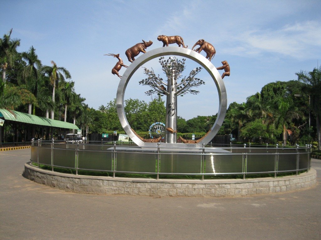 Iconic entrance sculpture at Nehru Zoological Park depicting wildlife and nature