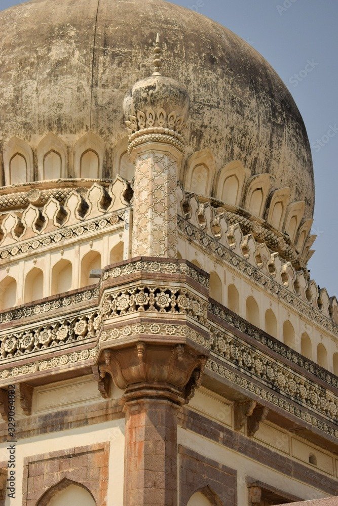 Intricate dome and minaret of the Qutb Shahi Tombs in Hyderabad